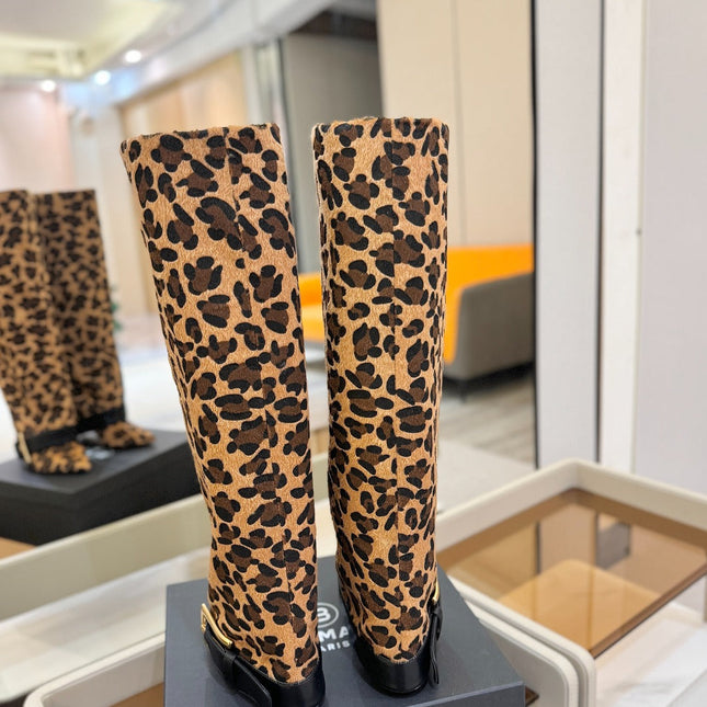 BALMAIN 26S KNEE-HIGH BOOTS 100 MM IN LEOPARD PRINT PONY HAIR