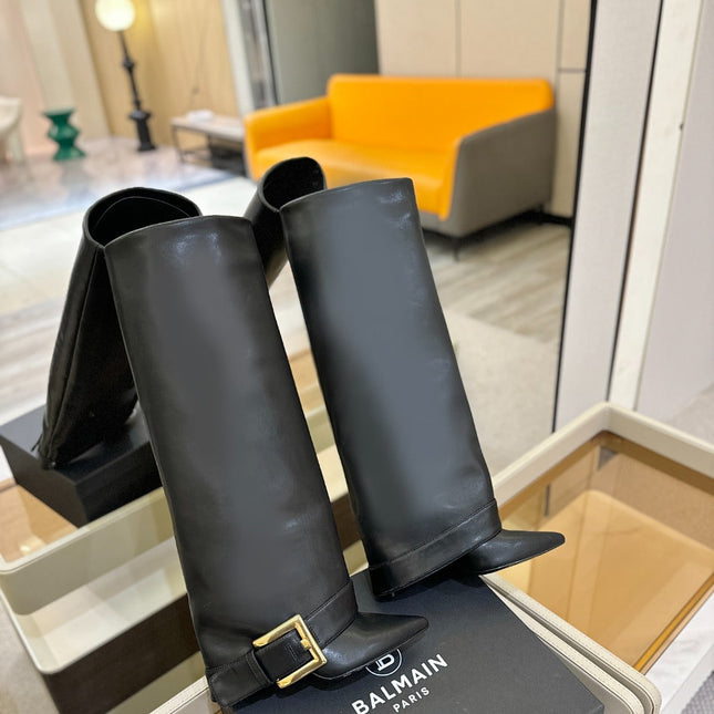 BALMAIN 26S KNEE-HIGH BOOTS 100 MM IN BLACK CALFSKIN