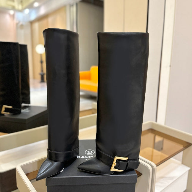 BALMAIN 26S KNEE-HIGH BOOTS 100 MM IN BLACK CALFSKIN