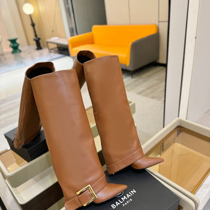 BALMAIN 26S KNEE-HIGH BOOTS 100 MM IN BROWN CALFSKIN