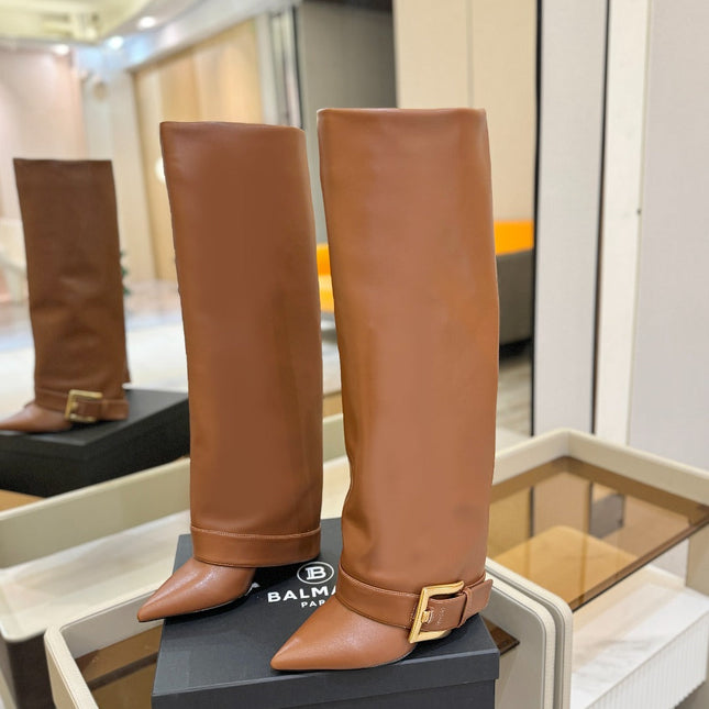 BALMAIN 26S KNEE-HIGH BOOTS 100 MM IN BROWN CALFSKIN