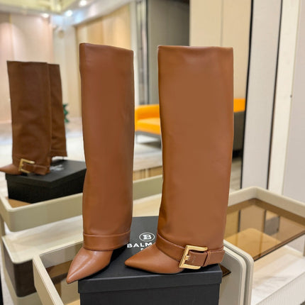 BALMAIN 26S KNEE-HIGH BOOTS 100 MM IN BROWN CALFSKIN