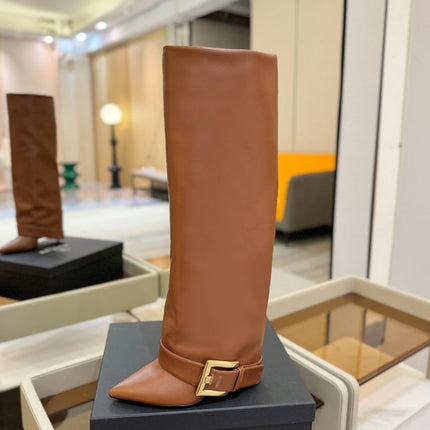 BALMAIN 26S KNEE-HIGH BOOTS 100 MM IN BROWN CALFSKIN