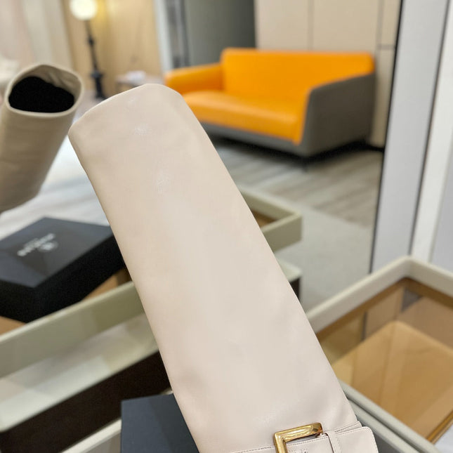 BALMAIN 26S KNEE-HIGH BOOTS 100 MM IN LIGHT BEIGE CALFSKIN