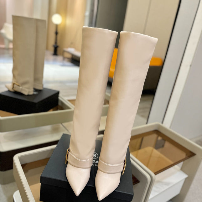 BALMAIN 26S KNEE-HIGH BOOTS 100 MM IN LIGHT BEIGE CALFSKIN