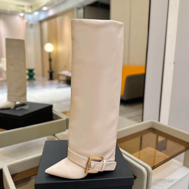 BALMAIN 26S KNEE-HIGH BOOTS 100 MM IN LIGHT BEIGE CALFSKIN