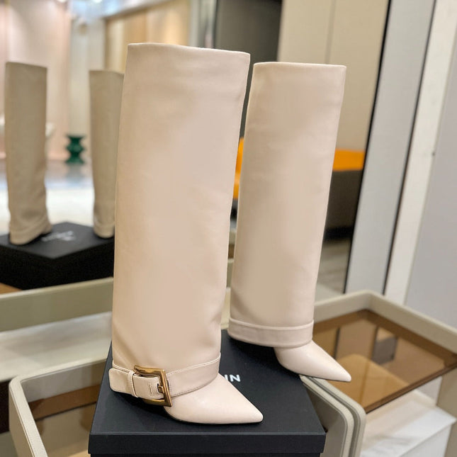 BALMAIN 26S KNEE-HIGH BOOTS 100 MM IN LIGHT BEIGE CALFSKIN