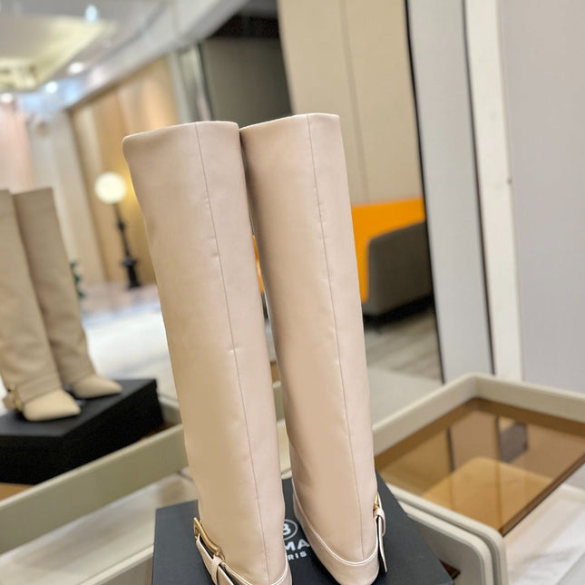 BALMAIN 26S KNEE-HIGH BOOTS 100 MM IN LIGHT BEIGE CALFSKIN