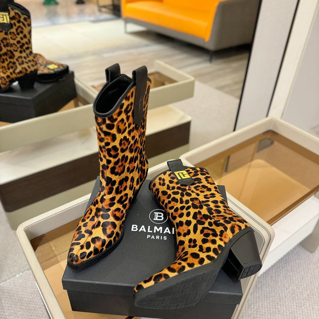 BALMAIN 26S COWBOY ANKLE BOOTS 65 MM IN LEOPARD PRINT PONY HAIR