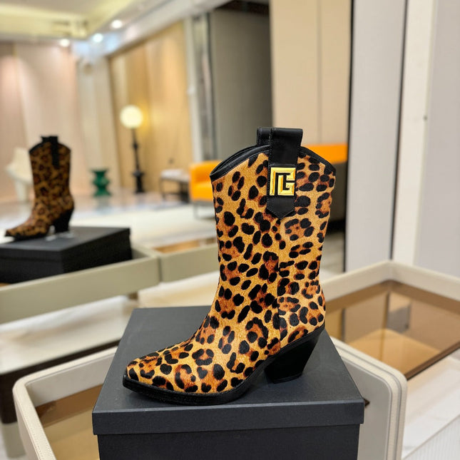BALMAIN 26S COWBOY ANKLE BOOTS 65 MM IN LEOPARD PRINT PONY HAIR