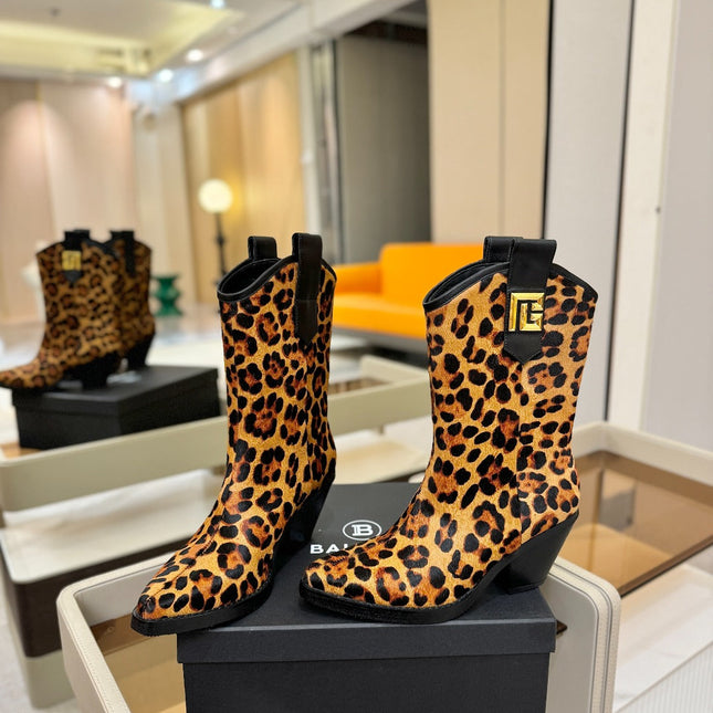 BALMAIN 26S COWBOY ANKLE BOOTS 65 MM IN LEOPARD PRINT PONY HAIR