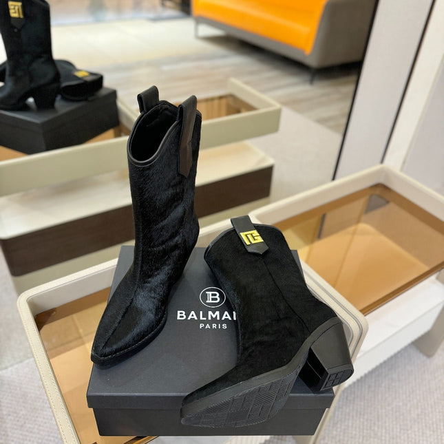 BALMAIN 26S COWBOY ANKLE BOOTS 65 MM IN BLACK PONY HAIR