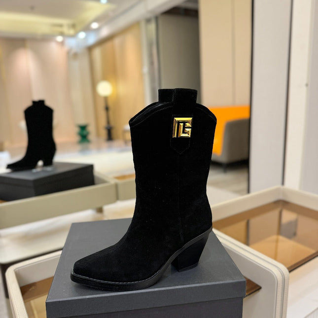 BALMAIN 26S COWBOY ANKLE BOOTS 65 MM IN BLACK SUEDE