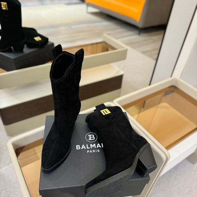 BALMAIN 26S COWBOY ANKLE BOOTS 65 MM IN BLACK SUEDE