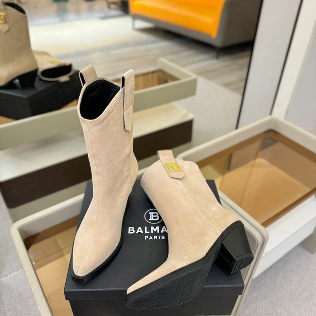 BALMAIN 26S COWBOY ANKLE BOOTS 65 MM IN BEIGE SUEDE
