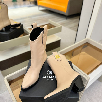 BALMAIN 26S COWBOY ANKLE BOOTS 65 MM IN BEIGE CALFSKIN