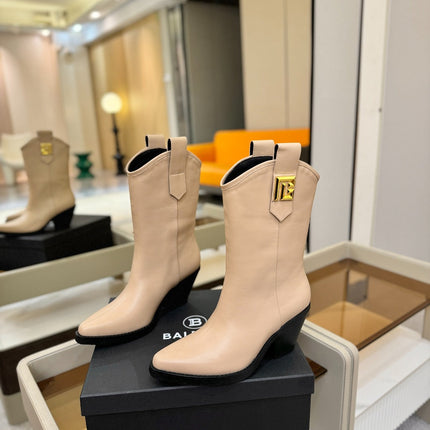 BALMAIN 26S COWBOY ANKLE BOOTS 65 MM IN BEIGE CALFSKIN