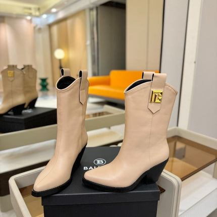 BALMAIN 26S COWBOY ANKLE BOOTS 65 MM IN BEIGE CALFSKIN