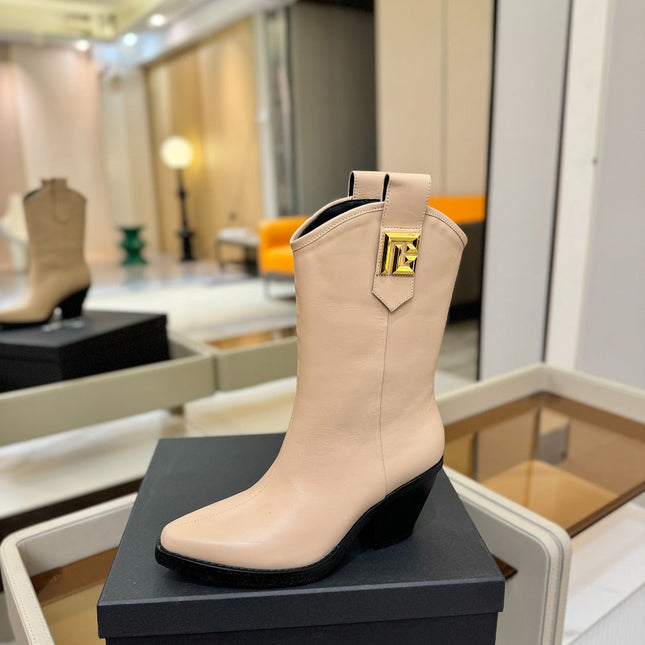 BALMAIN 26S COWBOY ANKLE BOOTS 65 MM IN BEIGE CALFSKIN