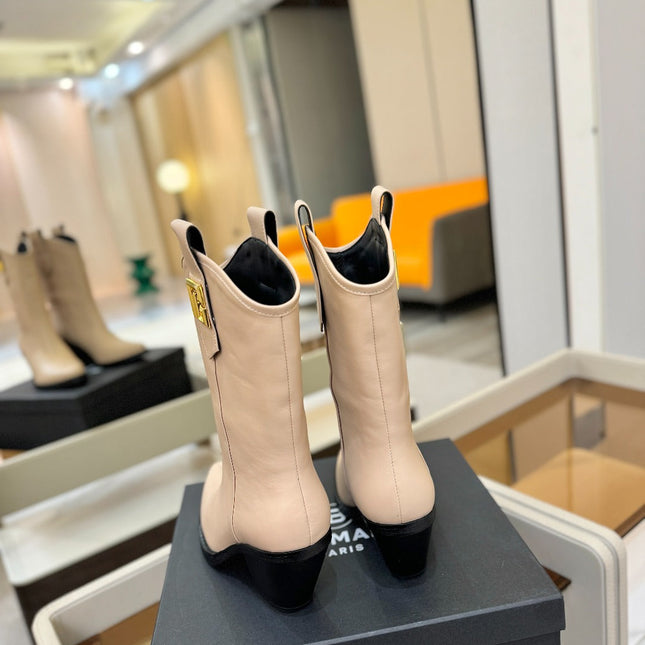 BALMAIN 26S COWBOY ANKLE BOOTS 65 MM IN BEIGE CALFSKIN