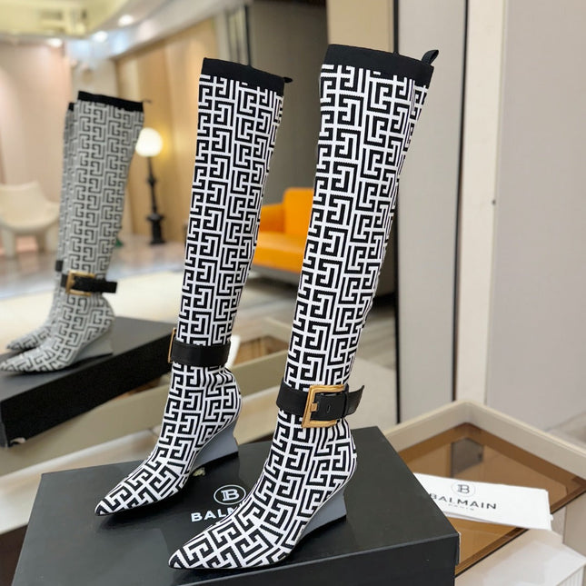 BALMAIN 26S HIGH-TOP BOOTS 75 MM IN BLACK AND WHITE FLYKNIT
