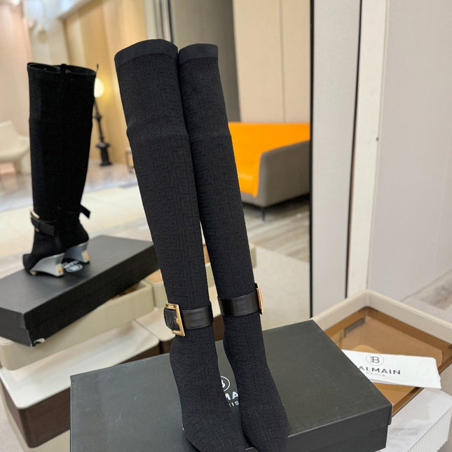 BALMAIN 26S HIGH-TOP BOOTS 75 MM IN BLACK FLYKNIT