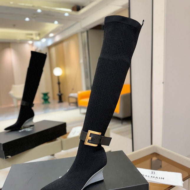BALMAIN 26S HIGH-TOP BOOTS 75 MM IN BLACK FLYKNIT