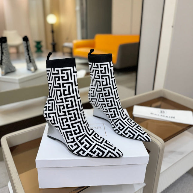 BALMAIN 26S BOOT 75 MM IN BLACK AND WHITE FLYKNIT