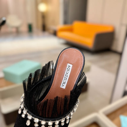 AQUAZZURA 26S FLAT MULES IN BLACK MESH CRYSTAL EMBELLISHMENTS