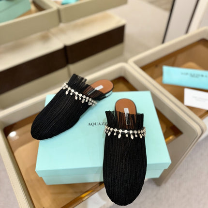 AQUAZZURA 26S FLAT MULES IN BLACK MESH CRYSTAL EMBELLISHMENTS
