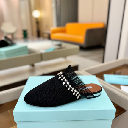 AQUAZZURA 26S FLAT MULES IN BLACK MESH CRYSTAL EMBELLISHMENTS