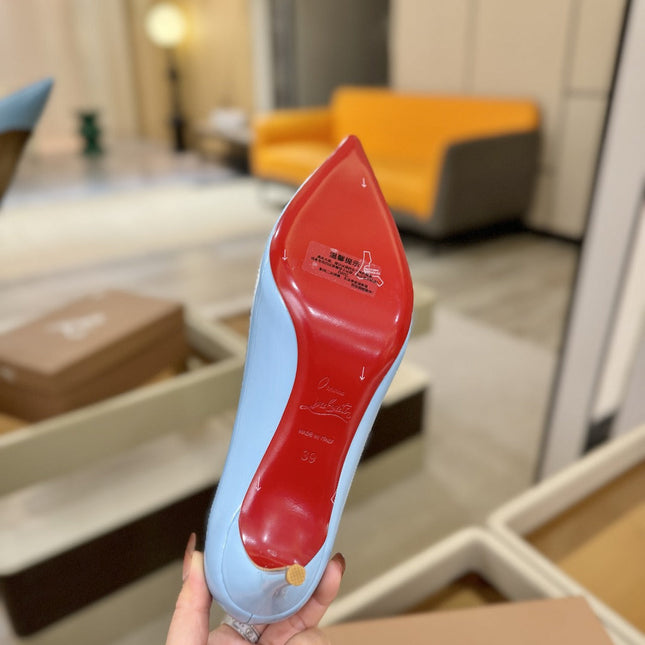 CHRISTIAN LOUBOUTIN 26S POINTED-TOE PUMPS 65 MM IN LIGHT BLUE PATENT CALFSKIN