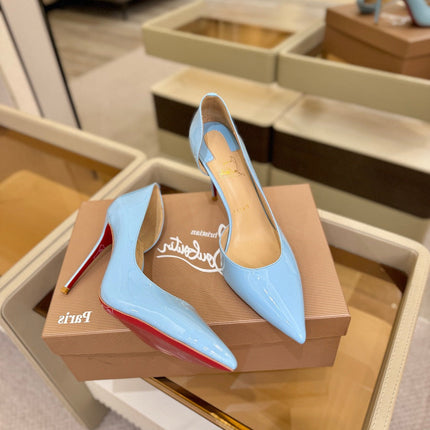 CHRISTIAN LOUBOUTIN 26S CUTOUT SIDE PUMP HEELS 105 MM IN LIGHT BLUE PATENT CALFSKIN