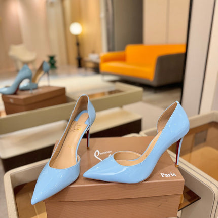 CHRISTIAN LOUBOUTIN 26S CUTOUT SIDE PUMP HEELS 105 MM IN LIGHT BLUE PATENT CALFSKIN