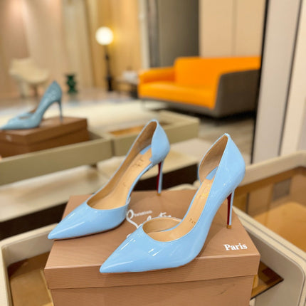 CHRISTIAN LOUBOUTIN 26S CUTOUT SIDE PUMP HEELS 105 MM IN LIGHT BLUE PATENT CALFSKIN