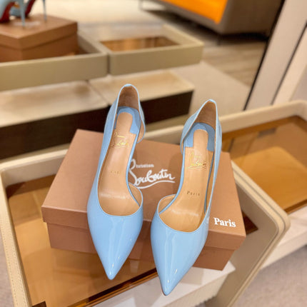 CHRISTIAN LOUBOUTIN 26S CUTOUT SIDE PUMP HEELS 105 MM IN LIGHT BLUE PATENT CALFSKIN