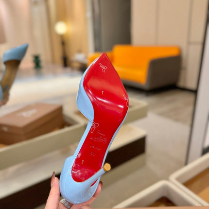 CHRISTIAN LOUBOUTIN 26S CUTOUT SIDE PUMP HEELS 105 MM IN LIGHT BLUE PATENT CALFSKIN
