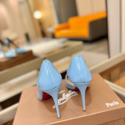 CHRISTIAN LOUBOUTIN 26S CUTOUT SIDE PUMP HEELS 105 MM IN LIGHT BLUE PATENT CALFSKIN