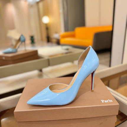 CHRISTIAN LOUBOUTIN 26S CUTOUT SIDE PUMP HEELS 105 MM IN LIGHT BLUE PATENT CALFSKIN