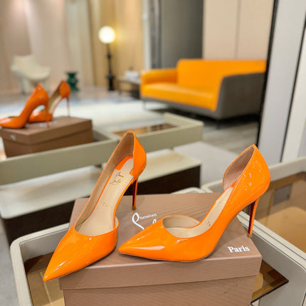 CHRISTIAN LOUBOUTIN 26S CUTOUT SIDE PUMP HEELS 105 MM IN ORANGE PATENT CALFSKIN