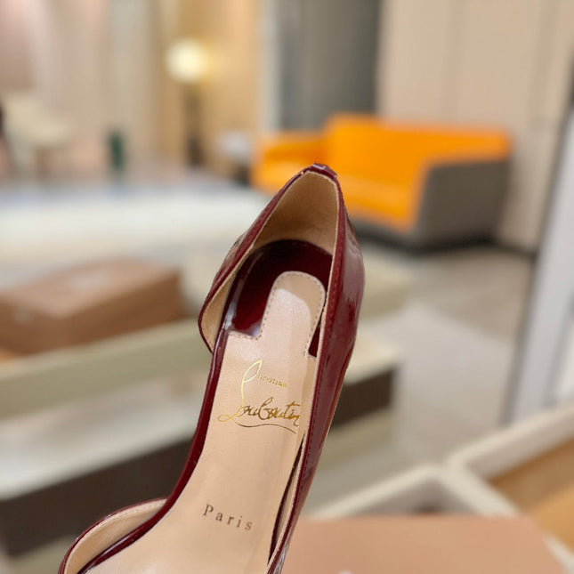 CHRISTIAN LOUBOUTIN 26S CUTOUT SIDE PUMP HEELS 105 MM IN DARK RED PATENT CALFSKIN