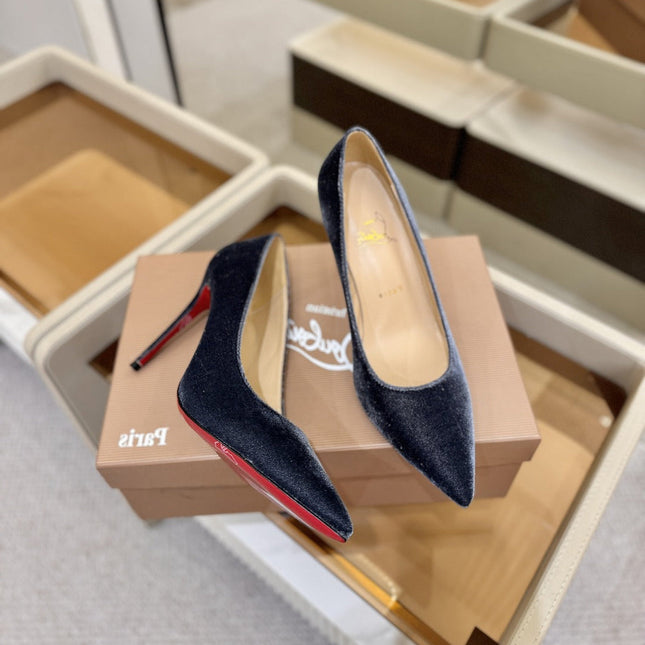 CHRISTIAN LOUBOUTIN 26S PUMP HEELS 105 MM IN NAVY GREY VELVET