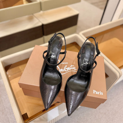 CHRISTIAN LOUBOUTIN 26S JENLOVE HEEL SLINGBACKS 105 MM IN BLACK TEXTURED CALFSKIN