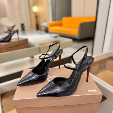 CHRISTIAN LOUBOUTIN 26S JENLOVE HEEL SLINGBACKS 105 MM IN BLACK TEXTURED CALFSKIN