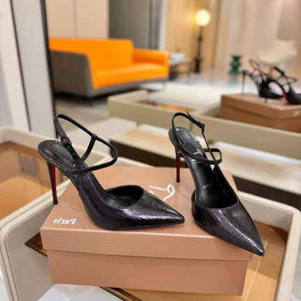 CHRISTIAN LOUBOUTIN 26S JENLOVE HEEL SLINGBACKS 105 MM IN BLACK TEXTURED CALFSKIN