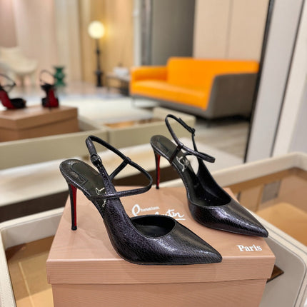 CHRISTIAN LOUBOUTIN 26S JENLOVE HEEL SLINGBACKS 105 MM IN BLACK TEXTURED CALFSKIN