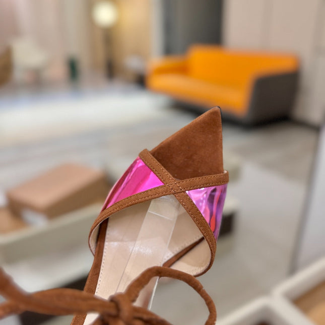 GIANVITO ROSSI 26S HEELS 105 MM IN BROWN SUEDE AND METALLIC PINK CALFSKIN