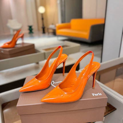 CHRISTIAN LOUBOUTIN 26S SLINGBACK HEELS 105 MM IN ORANGE PATENT CALFSKIN