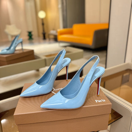 CHRISTIAN LOUBOUTIN 26S SLINGBACK HEELS 105 MM IN SKY BLUE PATENT CALFSKIN