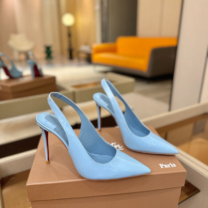 CHRISTIAN LOUBOUTIN 26S SLINGBACK HEELS 105 MM IN SKY BLUE PATENT CALFSKIN